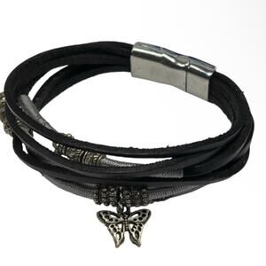 Butterfly Black Silver Tone Faux Leather Strap Wrap Bracelet Magnetic Closure